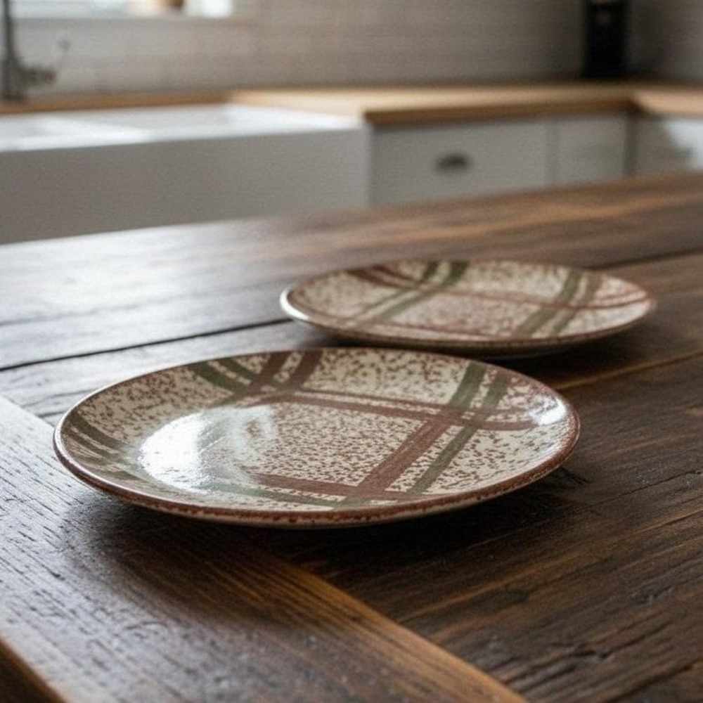 Blue Ridge Pottery Rustic Plaid Skyline‎ Saucers, Set of 2, Hand-Painted Plates